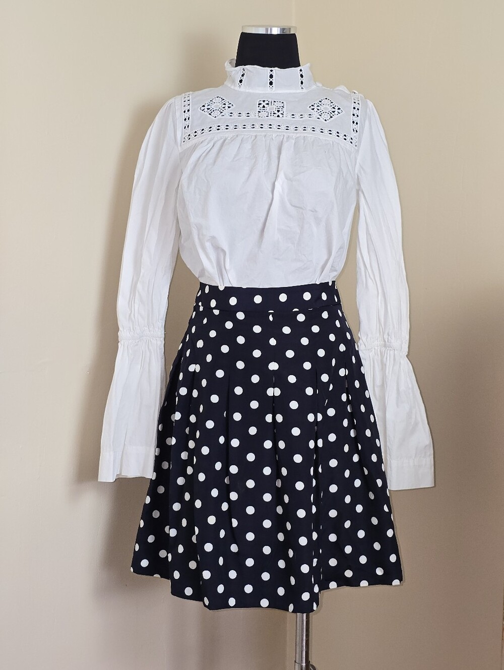 J. Crew Factory Green Label Navy and White Polka Dot Woven Circle Skirt 10